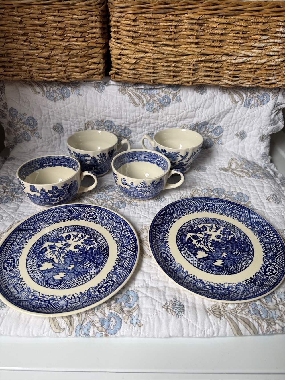 Willow Blue and White Transferware Cup and Saucer Set - Classic Floral Pattern